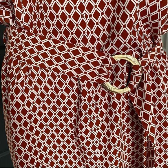 H&M Red and White Geometric Pattern Belted Shirt Dress Size 6 - Picture 3 of 8